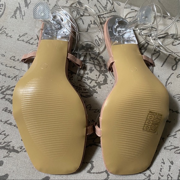 CLEAR TIE UP LACE UP STRAPPY LEG THONG SANDAL HEELS in TRANSPARENT & NUDE - Picture 5 of 7